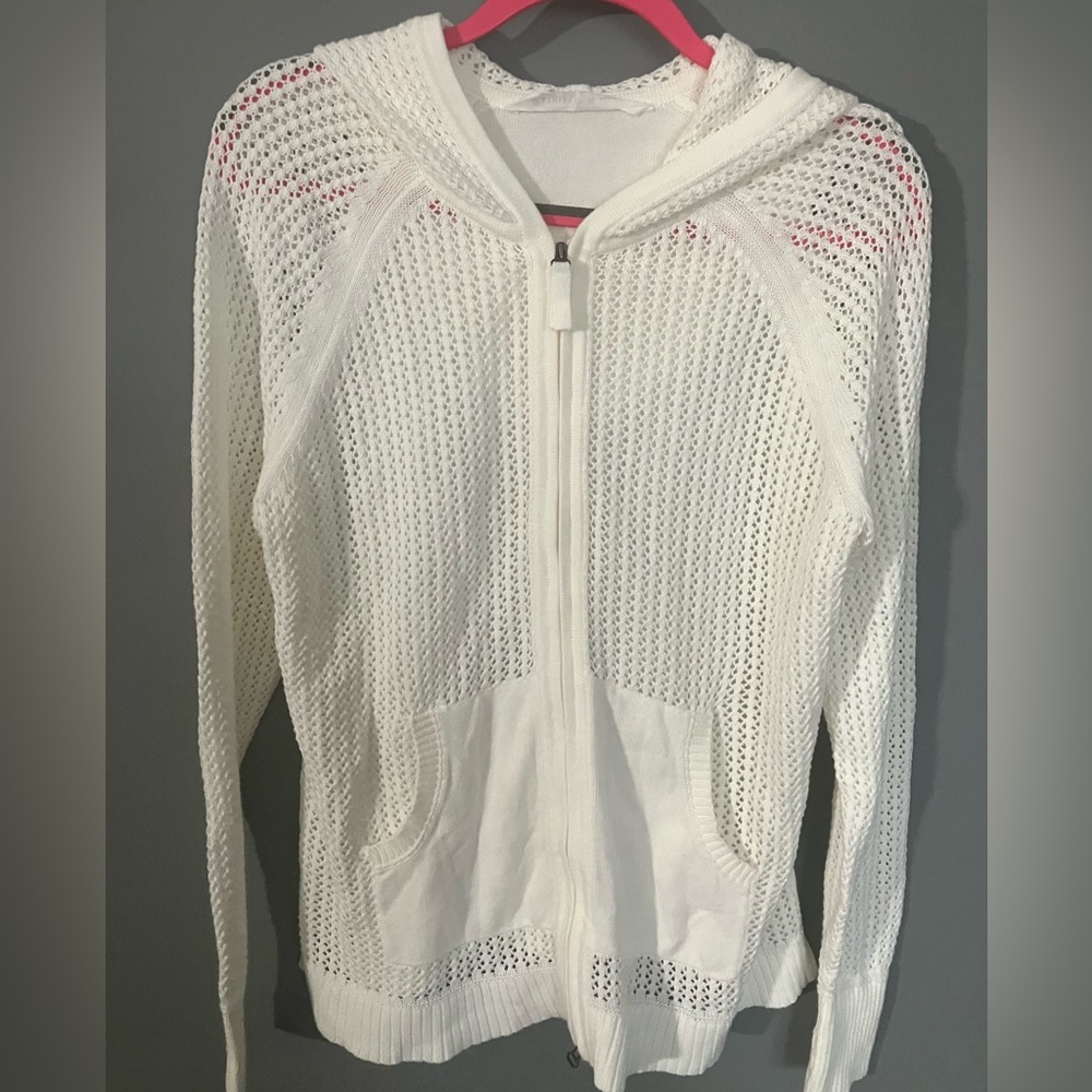 Athleta Woman's Sunscape Pointelle Zip Up White Sweater Size XL